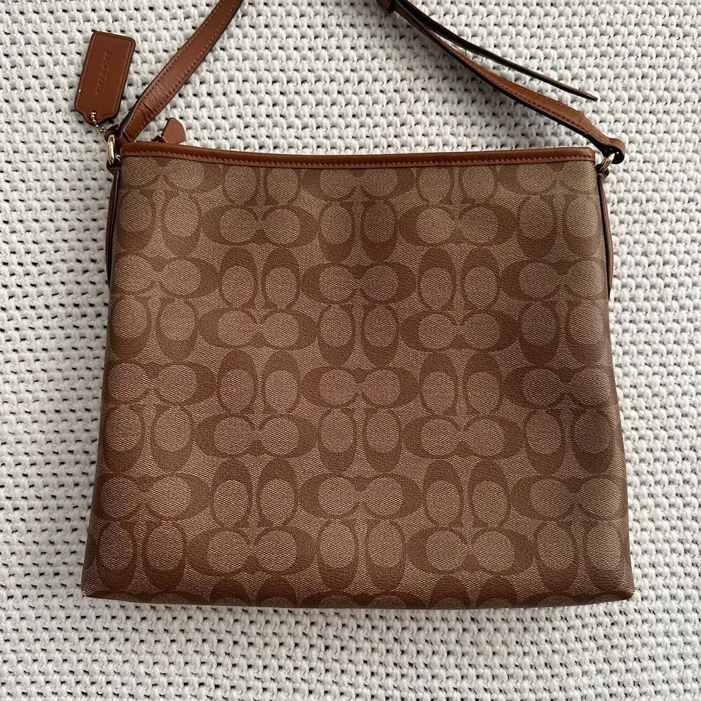 Coach Brown Tan Signature Slim File Crossbody Coated Canvas Bag C1723